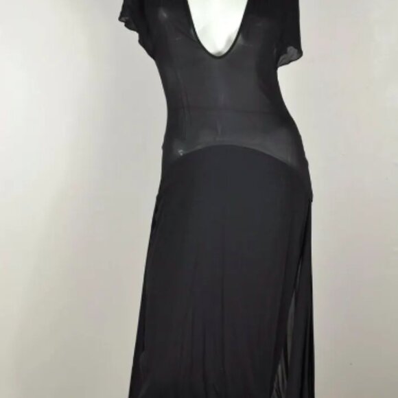 Vintage Black Silk Deep-V Scoop Neck Semi-sheer Drop Waist Asymmetrical Dress - Picture 7 of 7
